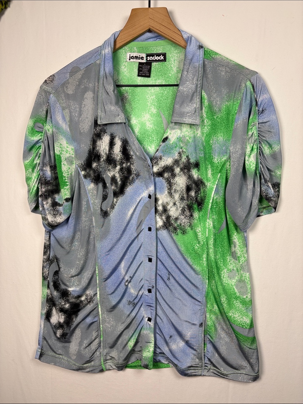 JAMIE SADOCK Green Blue Snap Front Short Sleeve Women's Gold Shirt size Large